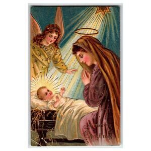 Vintage Embossed Nativity Scene Christmas Postcard Made in Germany